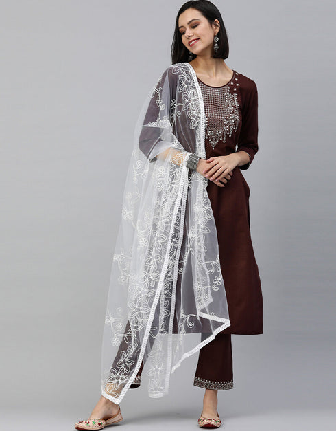 Dark Brown Cotton Blend Mirror Work With Zari Embroidery Suit Pant