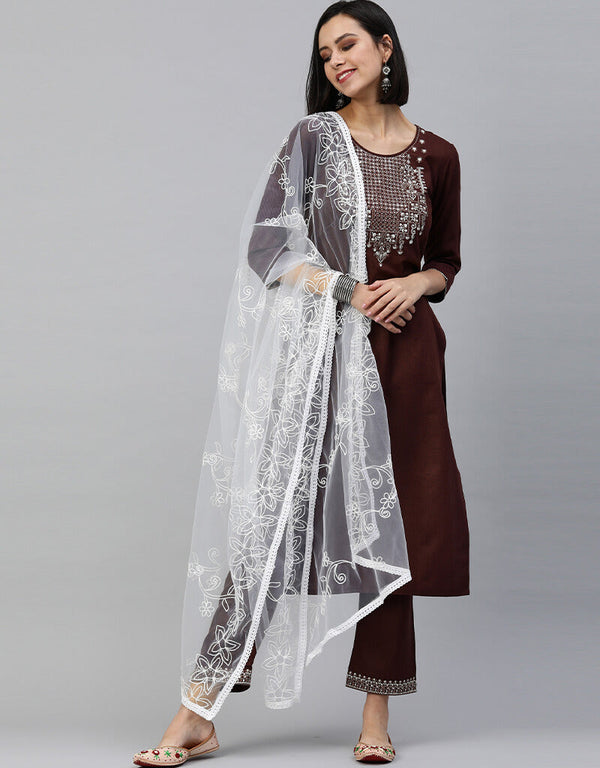 Dark Brown Cotton Blend Mirror Work With Zari Embroidery Suit Pant