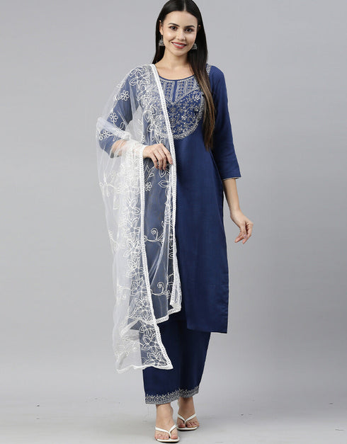 Navy Blue Cotton Blend Mirror Work With Zari Embroidery Suit Pant
