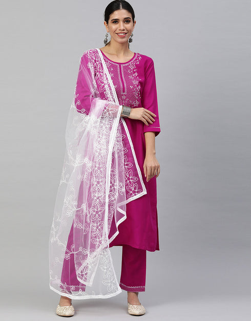 Pink Cotton Blend Mirror Work With Zari Embroidery Suit Pant