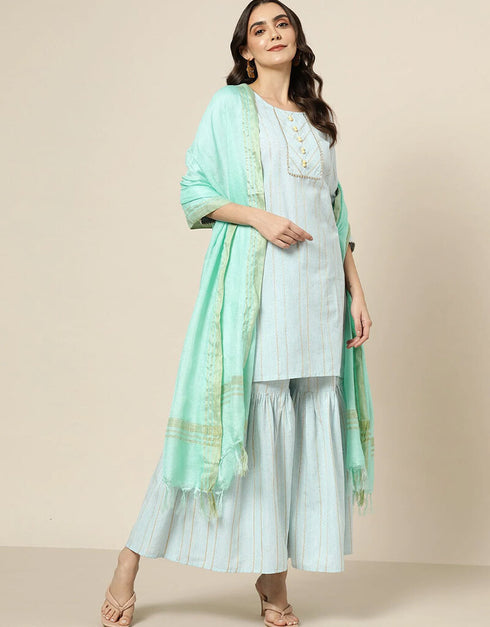 Turquoise Blue Cotton Blend Suit Sharara