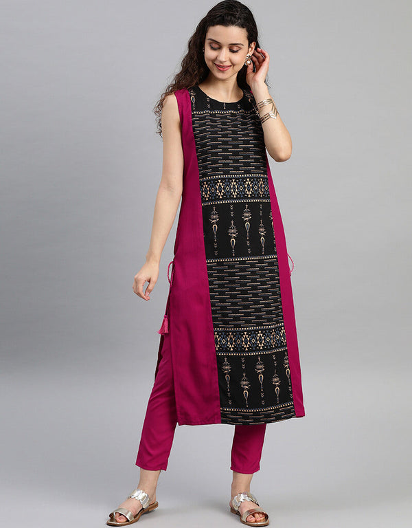 Pink And Black Crepe Suit Pant