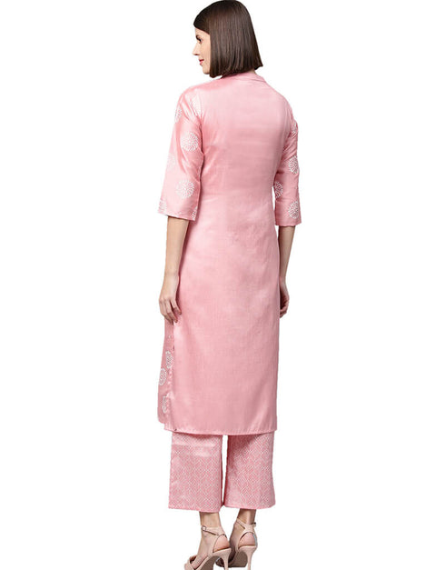 Baby Pink Poly Silk Suit Palazzo Closure View
