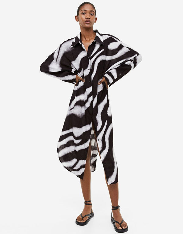 Trendy Designer Party Wear Beautiful Oversized Shirt Dress Black And White Korean Bsy Dress Front View