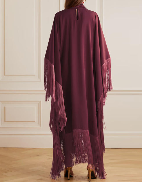 Wine High Neck Style Fringed Kaftans Back View