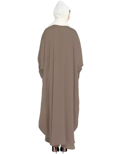Muslimah Open-Front Kaftan with Self-Buttoned Cuffs and Butterfly Design In the Color Brown