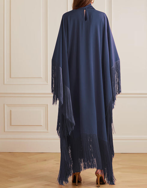 Navyblue High Neck Style Fringed Kaftans Back View
