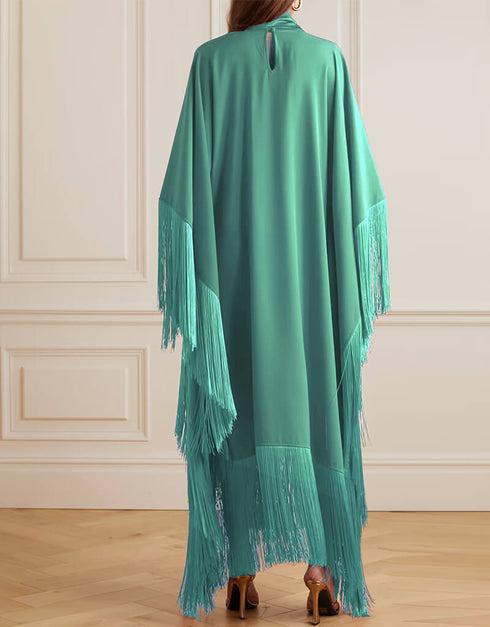 Turqouise Green High Neck Style Fringed Kaftans Back View