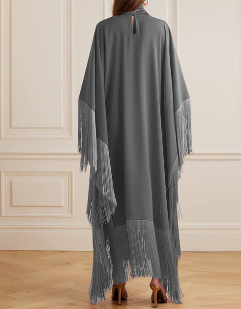 Grey High Neck Style Fringed Kaftans Back View
