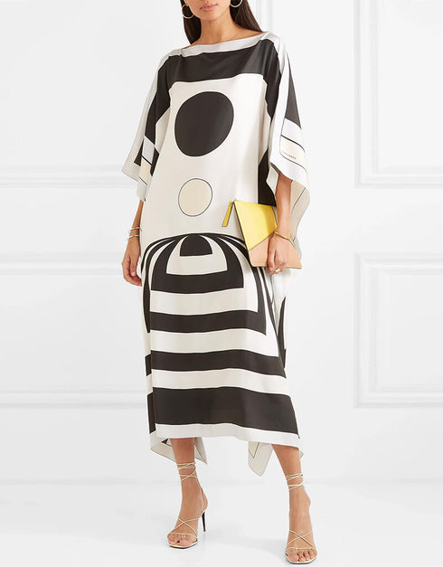 White And Black Latest Soft Silk Crepe Kaftan Closure View