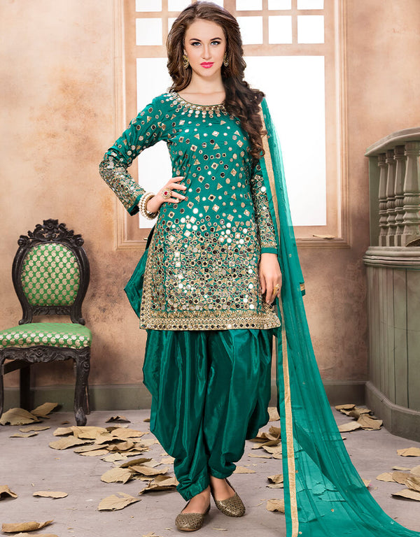 Teal Tafeta Silk Patiyala Suit