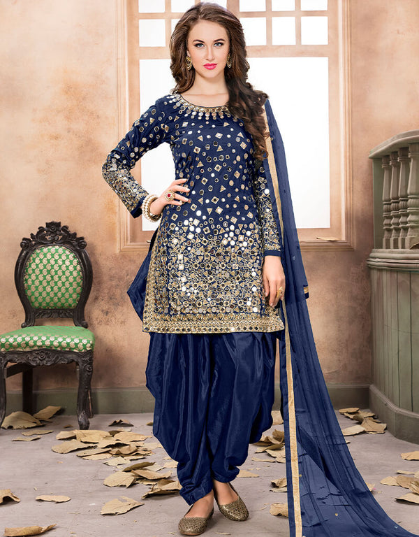 Blue Tafeta Silk Patiyala Suit