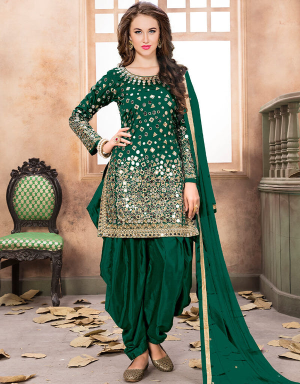 Dark Green Tafeta Silk Patiyala Suit