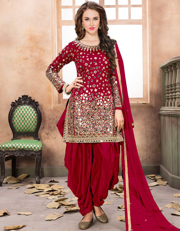 Red Tafeta Silk Patiyala Suit