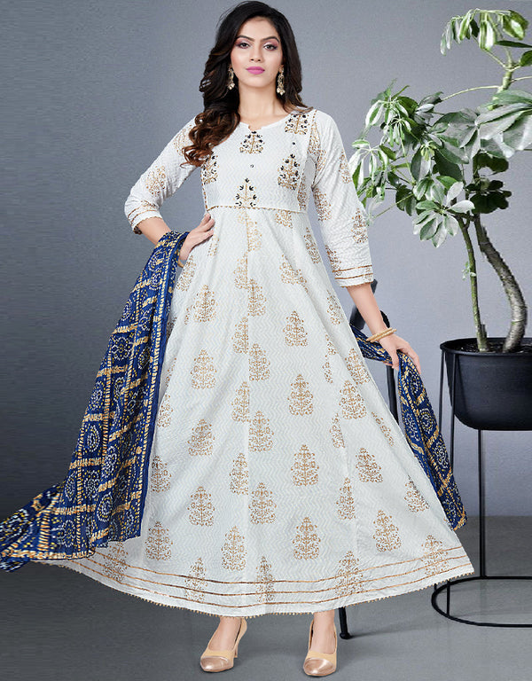 Off White Heavy Designer Heavy 14 Kg Reyon Kurti Gown With Duppata