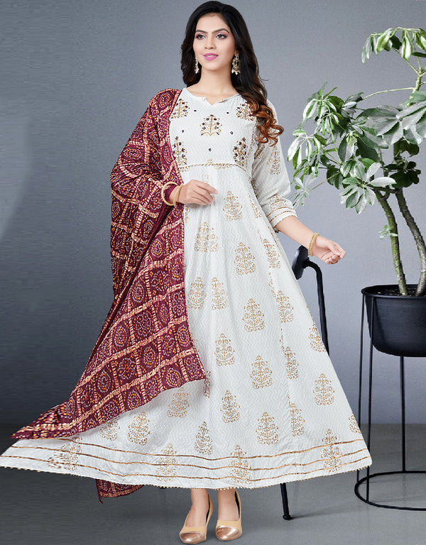 Off White Heavy Designer Heavy 14 Kg Reyon Kurti Gown With Duppata