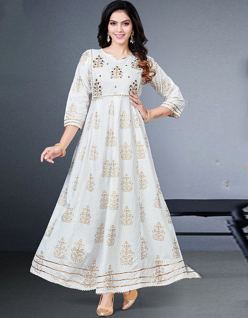 Off White Heavy Designer Heavy 14 Kg Reyon Kurti Gown With Duppata Closure View