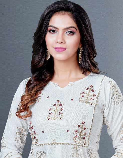 Off White Heavy Designer Heavy 14 Kg Reyon Kurti Gown With Duppata Back View