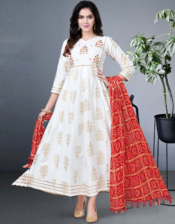 Off White Heavy Designer Heavy 14 Kg Reyon Kurti Gown With Duppata