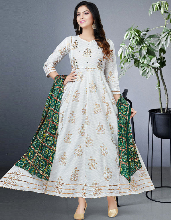 Off White Heavy Designer Heavy 14 Kg Reyon Kurti Gown With Duppata