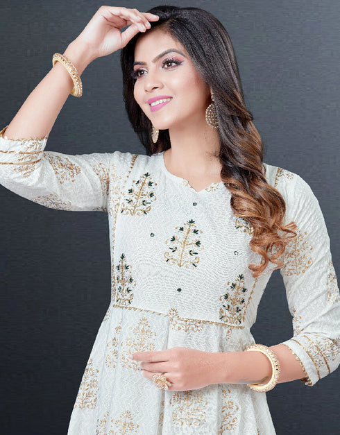 Off White Heavy Designer Heavy 14 Kg Reyon Kurti Gown With Duppata Back View
