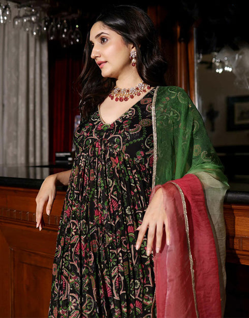 Exclusive New Printed Flaired Kurtis Collections Onyx Soft Maslin Silk Pant Suit Close-up View