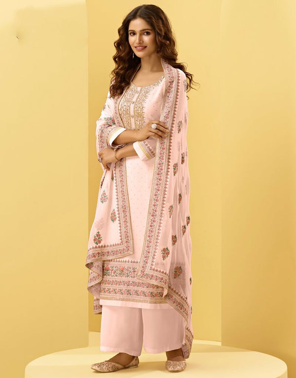 Baby Pink Pant style Suit Georgette Salwar Kameez in Embroidery, Stone & Lace Work