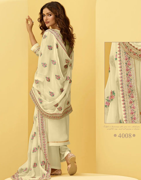 Light Yellow Pant style Suit Georgette Salwar Kameez in Embroidery, Stone & Lace Work Closure View