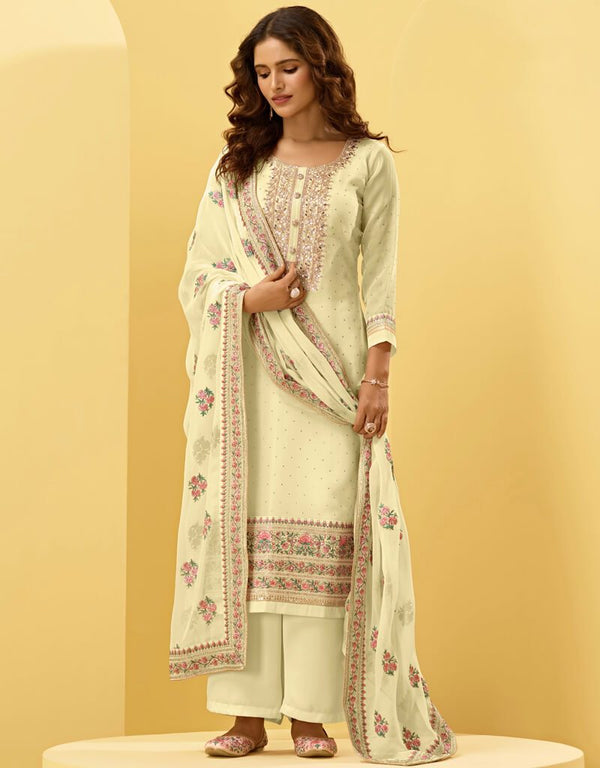 Light Yellow Pant style Suit Georgette Salwar Kameez in Embroidery, Stone & Lace Work