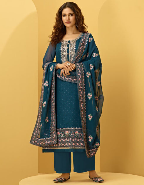 Light Blue Pant style Straight Georgette Salwar Kameez in Cording Embroidery, Stone & Lace Work