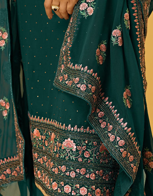Teal Pant style Straight Georgette Salwar Kameez in Cording Embroidery, Stone & Lace Work Closure View