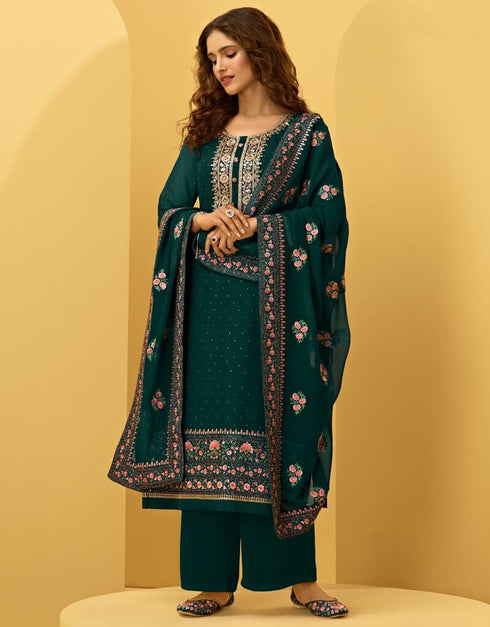 Teal Pant style Straight Georgette Salwar Kameez in Cording Embroidery, Stone & Lace Work