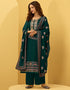 Teal Pant style Straight Georgette Salwar Kameez in Cording Embroidery, Stone & Lace Work