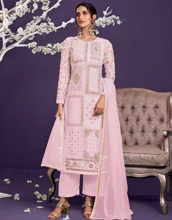 Baby Pink Pant style Straight Georgette Salwar Kameez in Embroidery, Sequins & Lace Work