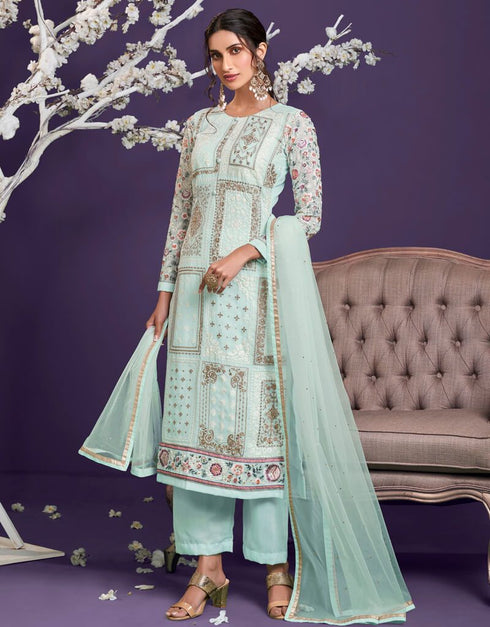 Turquoise Pant style Straight Georgette Salwar Kameez in Embroidery, Sequins & Lace Work