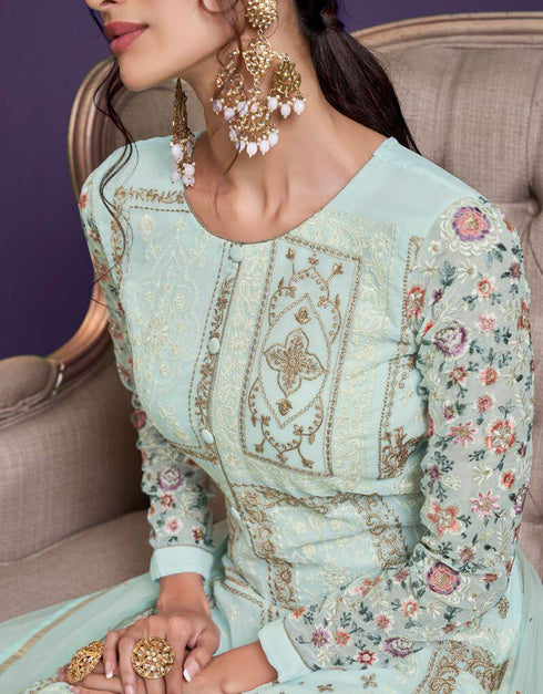 Turquoise Pant style Straight Georgette