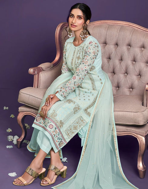 Turquoise Pant style Straight Georgette Salwar Kameez in Embroidery, Sequins & Lace Work Closure View Embroidery