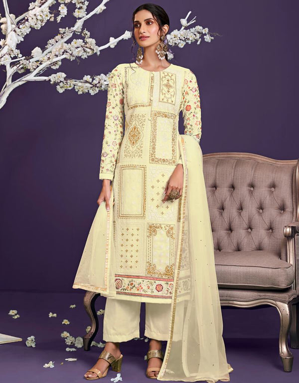 Light Yellow Pant style Straight Georgette Salwar Kameez in Embroidery, Sequins & Lace Work
