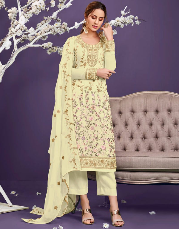 Lemon Yellow Pant style Straight Georgette Salwar Kameez in Embroidery, Sequins & Lace Work