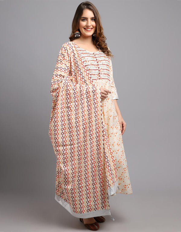 Cream Cotton Blend Salwar Suit Chudidar