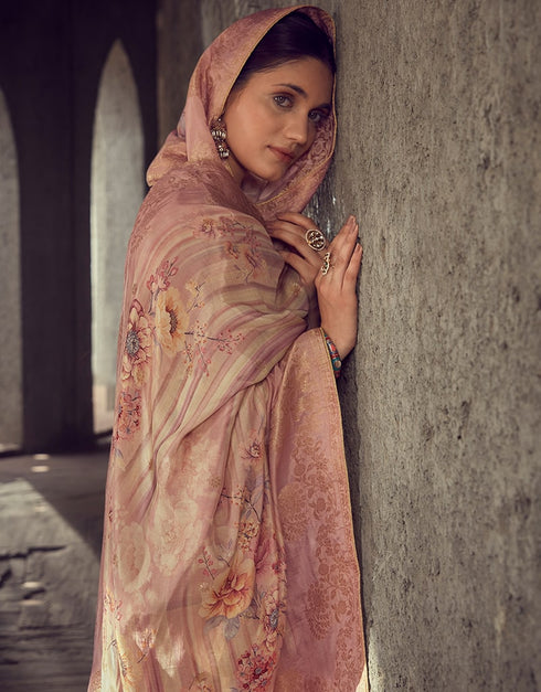 Dusty Rose Pink Pant style Suit Pure Maslin Jacquard Salwar Kameez in Digital Print, Embroidery & Lace Work Closure View