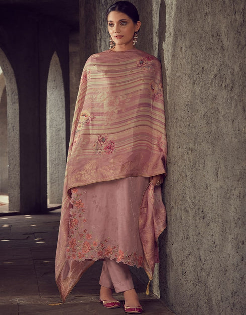 Dusty Rose Pink Pant style Suit Pure Maslin Jacquard Salwar Kameez in Digital Print, Embroidery & Lace Work