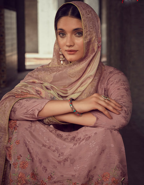 Dusty Rose Pink Pant style Suit Pure Maslin Jacquard Salwar Kameez in Digital Print, Embroidery & Lace Work Closure View Embroidery