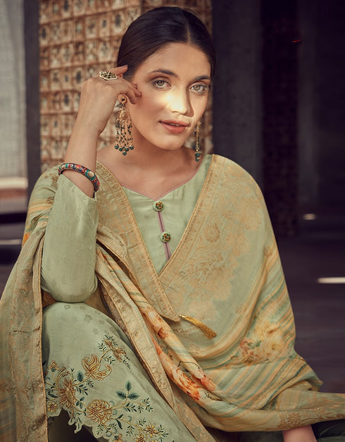 Lime green Pant style Suit Pure Maslin Jacquard Salwar Kameez in Digital Print, Embroidery & Lace Work Closure View Embroidery Back side View