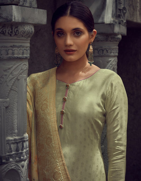 Lime green Pant style Suit Pure Maslin Jacquard Salwar Kameez in Digital Print, Embroidery & Lace Work Closure View Embroidery