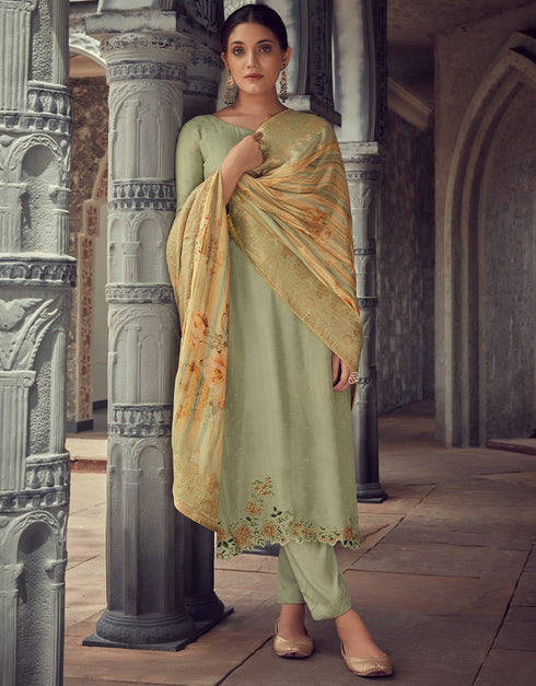 Lime green Pant style Suit Pure Maslin Jacquard Salwar Kameez in Digital Print, Embroidery & Lace Work Closure View