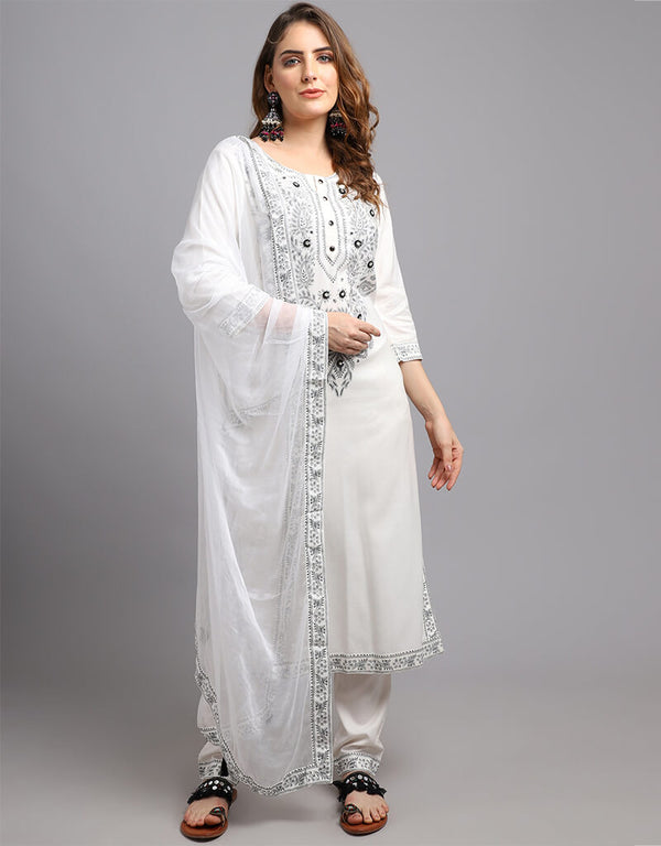 White Viscose Rayon Salwar Suit Chudidar