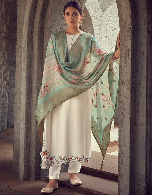 White Pant style Suit Pure Maslin Jacquard Salwar Kameez in Digital Print, Embroidery & Lace Work