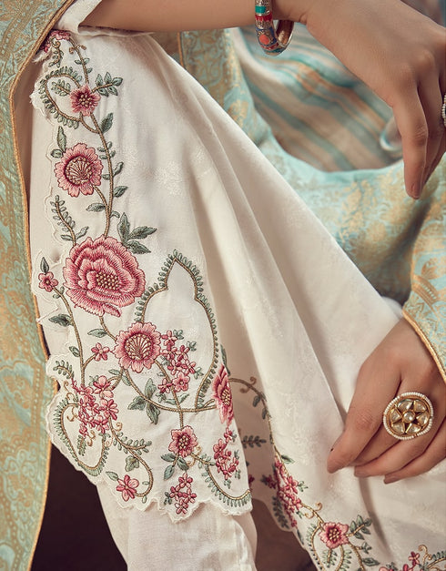 White Pant style Suit Pure Maslin Jacquard Salwar Kameez in Digital Print, Embroidery & Lace Work Closure View Embroidery Back side View