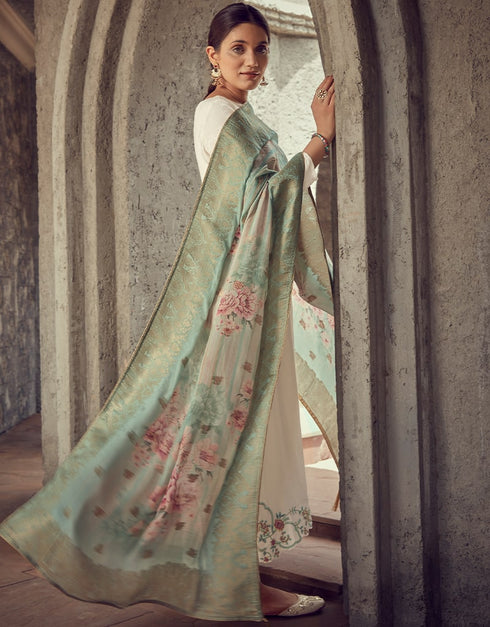 White Pant style Suit Pure Maslin Jacquard Salwar Kameez in Digital Print, Embroidery & Lace Work Closure View